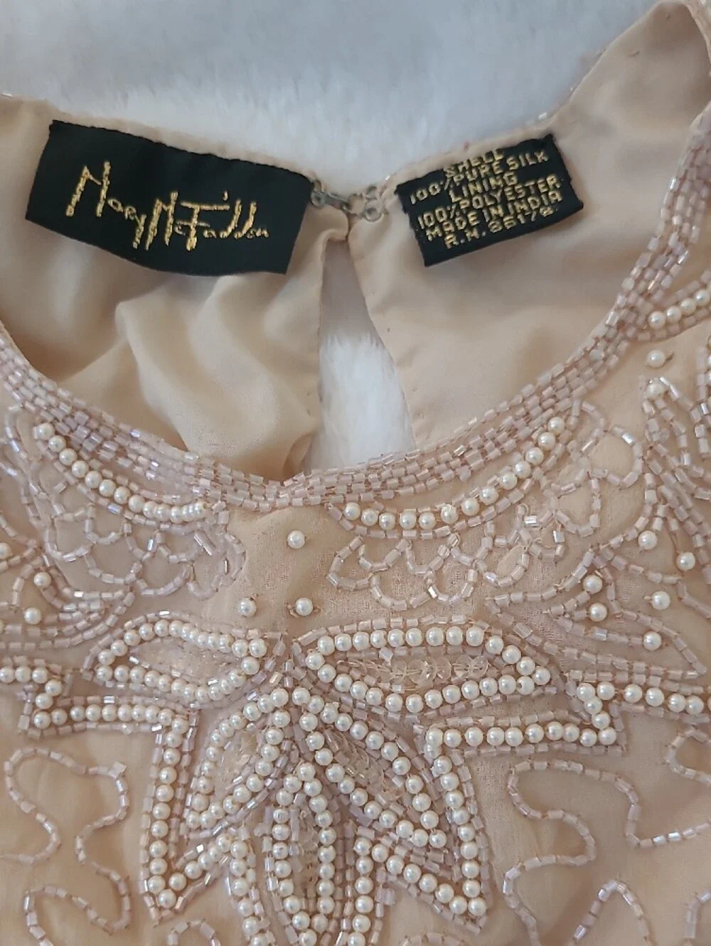 Mary McFadden Beaded Pearl-Embellished Neckline in Cream W/ Draw-string Bag
